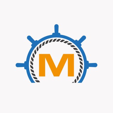 M Harfi Cruise Direksiyon Logosu. Yat Sembolü, Gemi Logotype, Denizci İşareti Şablonu