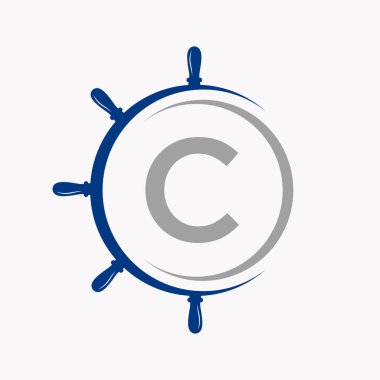 C Harfi Gemi Logosu Tekerlek Sembol Vektör Şablonu