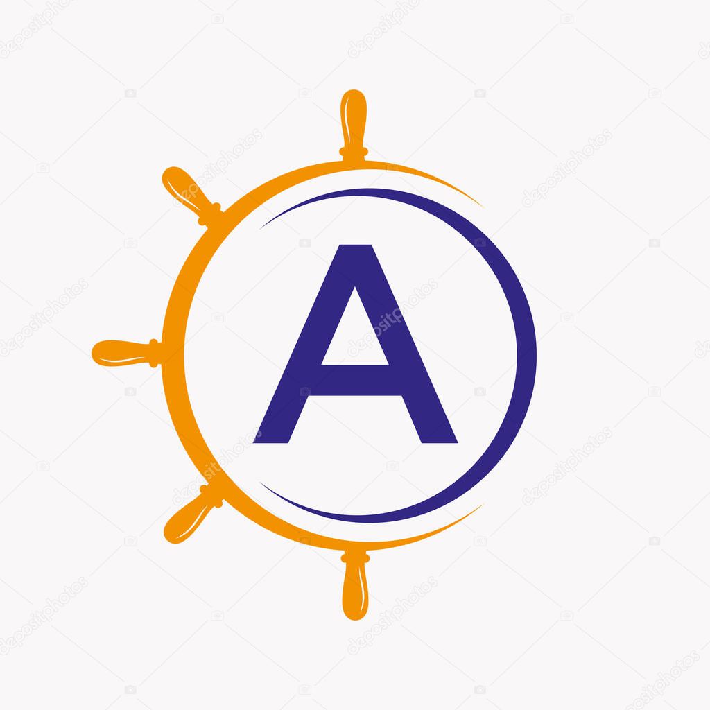 Letter A Ship Logo Concept With Ship Wheel Symbol Vector Template