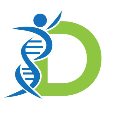 D harfi, insan sembollü DNA logosu. DNA hücre simgesi. Sağlık Sigortası