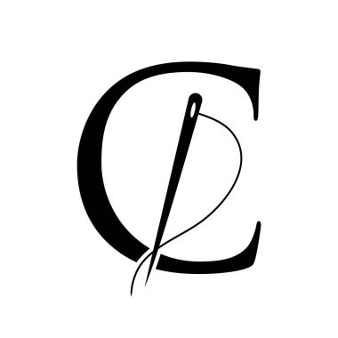 C harfi üzerindeki terzi logosu. İğne ve iplik sembolüyle kavramı. Kumaş İmzası