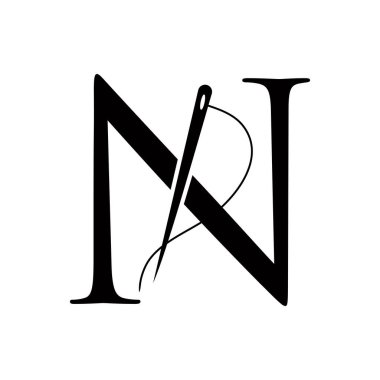 İğne ve iplik sembolüyle harf N kavramına terzi logosu. Kumaş İmzası