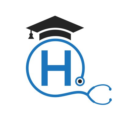 H harfinin üzerinde steteskop ikonlu tıbbi logo. Doktor Sembol ve Sağlık Logosu