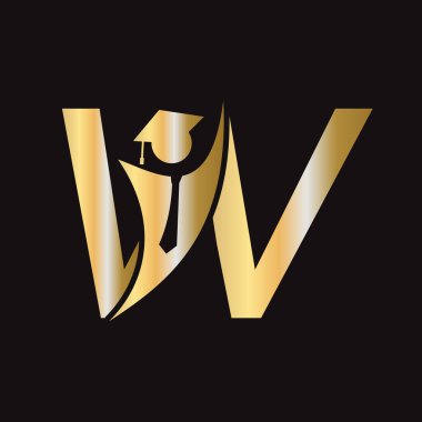W Harfi Eğitim Logosu Mezuniyet Şapkası. Akademi Mezuniyet Logosu Sembolü