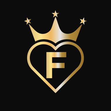 İlk harf F Crown Logosu Kalp ve Yıldız Sembol Vektör Şablonu