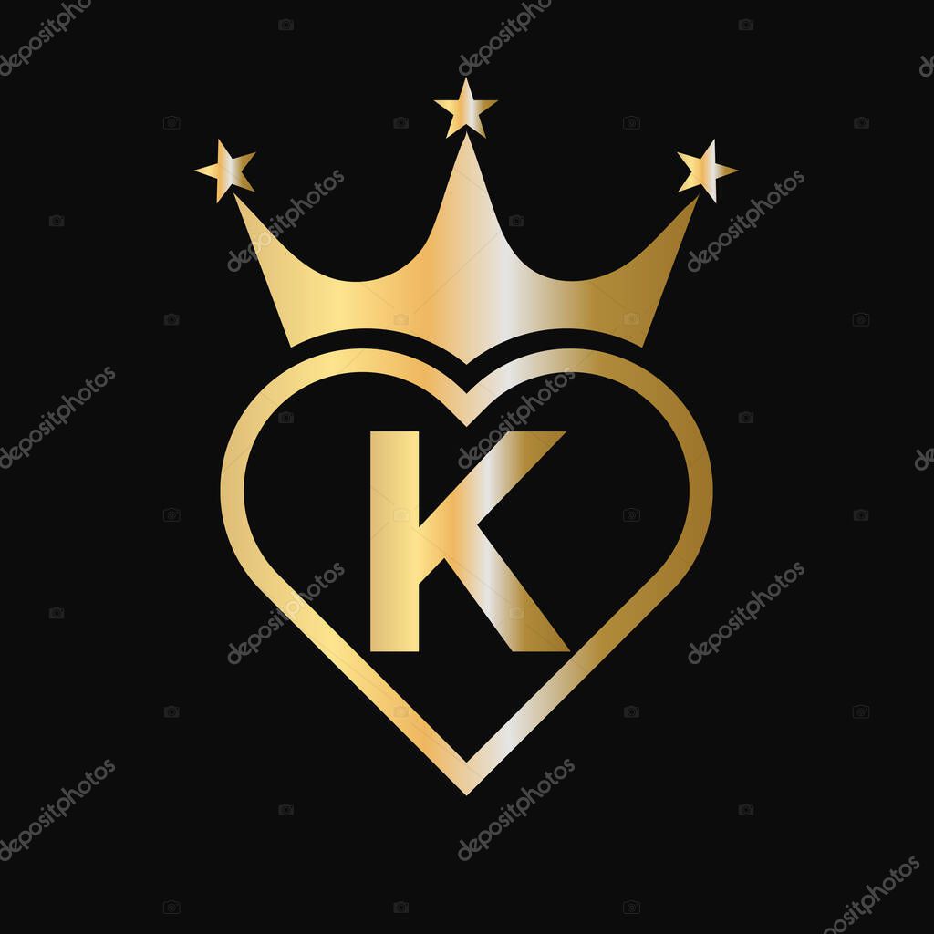 Initial Letter K Crown Logo Concept With Heart and Star Symbol Vector Template