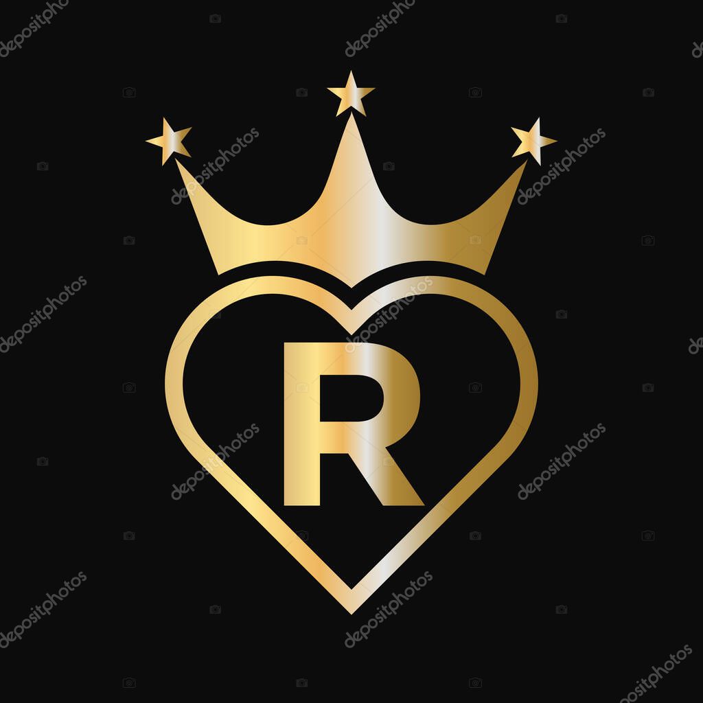 Initial Letter R Crown Logo Concept With Heart and Star Symbol Vector Template