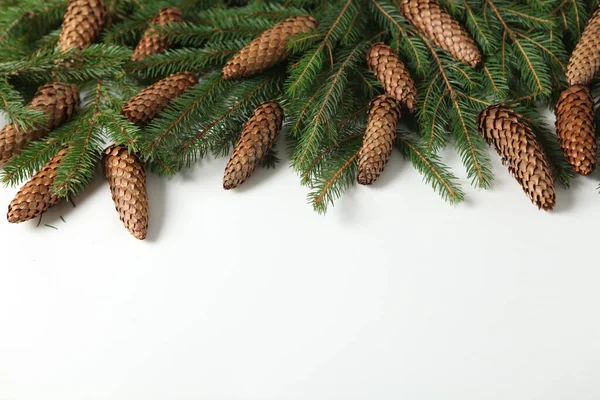 モミの枝やコーンと大晦日の背景 松の木の枝のクリスマスと正月の組成物 — ストック写真