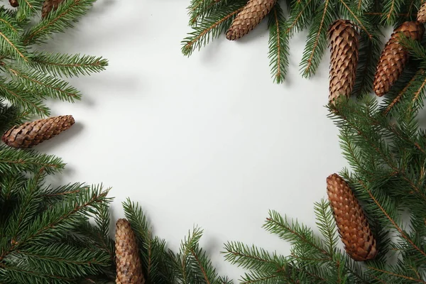 New Year\'s Eve background with fir branch and cones. Christmas and New Year holidays composition of pine tree branches.Merry Christmas and Happy Holidays greeting card, frame, banner. New Year.