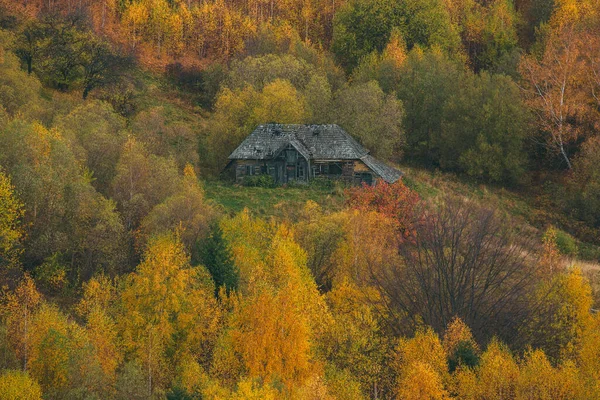 Colorful Autumn Landscape Mountain Village Foggy Morning Carpathian Mountains Romania — Stock Photo, Image