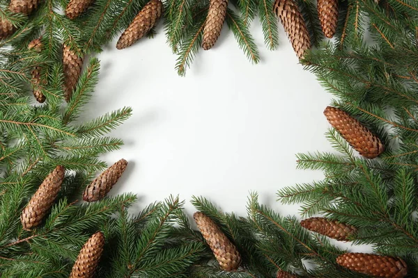 モミの枝やコーンと大晦日の背景 松の木の枝のクリスマスと新年の休日の組成 ハッピーニューイヤー2023 — ストック写真