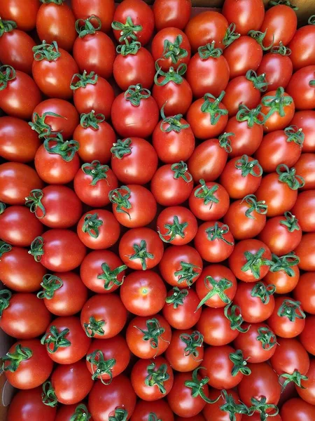 Sfondo Pomodorini Una Scatola Pronta Consegna Sul Mercato — Foto Stock