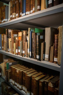 Kütüphanedeki raflarda duran çok eski kitaplar. Bilginin sembolü olarak kitaplar.