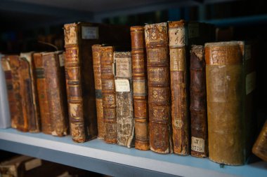 Kütüphanedeki raflarda duran çok eski kitaplar. Bilginin sembolü olarak kitaplar.