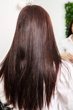 Beautiful young woman with long black hair in a beauty salon.close up of woman's hair in beauty salon, hairstyle concept