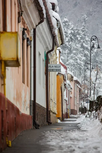 Rasnov, Romania  February 04 2023: It snowed beautifully in the medieval town of Rasnov in Romania.