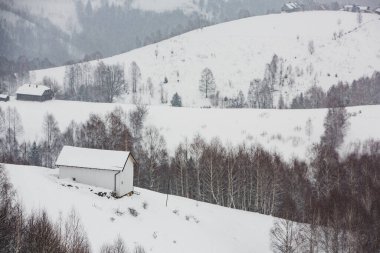 An abundant snowfall in the Romanian Carpathians in the village of Sirnea, Brasov. Real winter with snow in the country