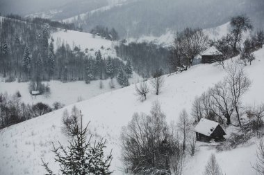 An abundant snowfall in the Romanian Carpathians in the village of Sirnea, Brasov. Real winter with snow in the country