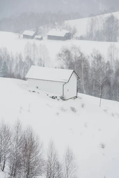 An abundant snowfall in the Romanian Carpathians in the village of Sirnea, Brasov. Real winter with snow in the country