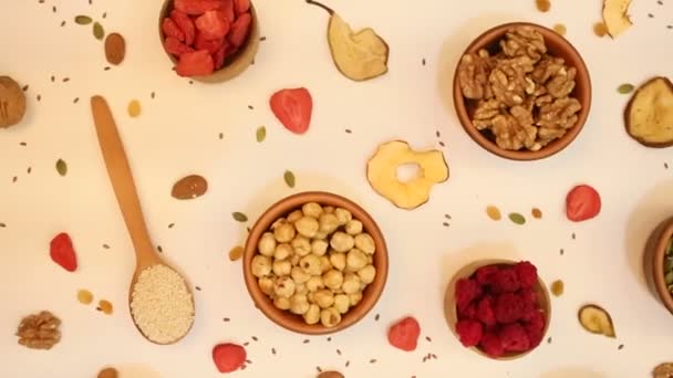 Conceito Comida Vegetariana Saudável Sortimento Frutas Secas Nozes Sementes Fundo — Vídeo de Stock
