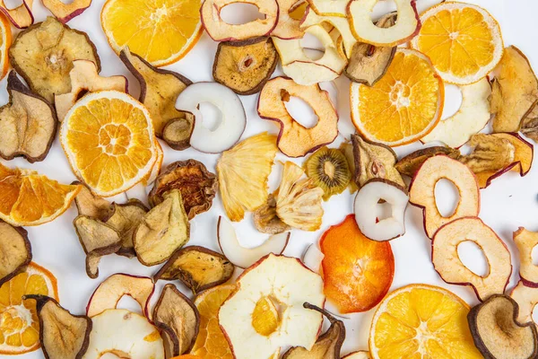 stock image Dried fruits isolated on white background. Healthy eating concept. Top view. Healthy vegetarian food concept. Dried fruit chips.