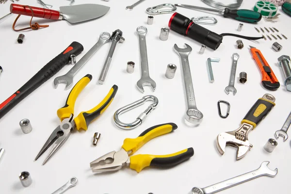 stock image Set of tools for repair in a case on a white background. Assorted work or construction tools. Wrenches, Pliers, screwdriver. Top view