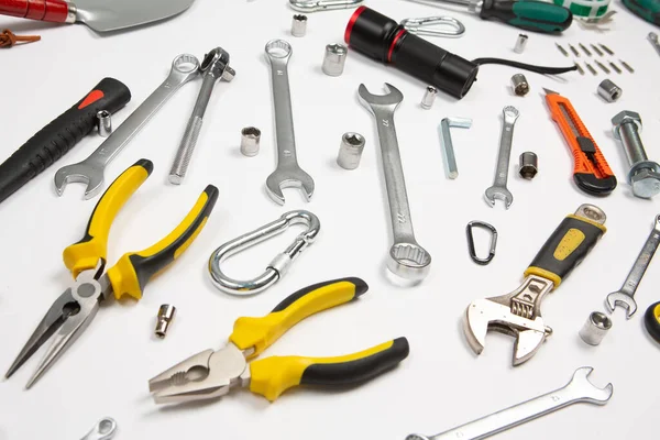 Set Tools Repair Case White Background Assorted Work Construction Tools — Stock Photo, Image
