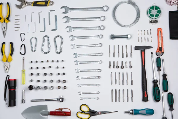 stock image Set of tools for repair in a case on a white background. Assorted work or construction tools. Wrenches, Pliers, screwdriver. Top view