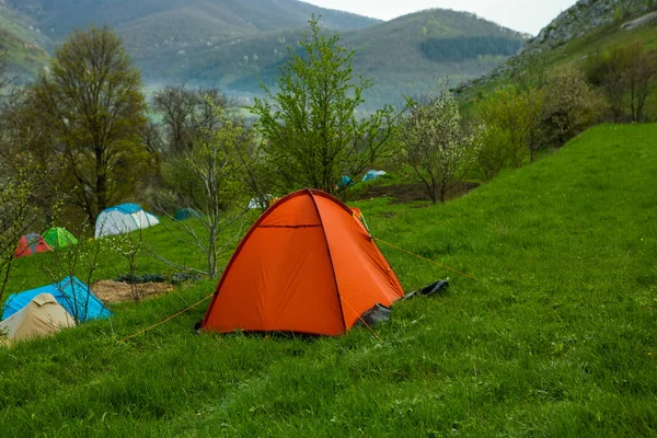 stock image Camping tents on a green meadow in the mountains in spring. Rest with the tent in nature