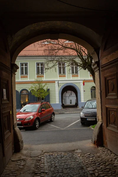 Jalan Abad Pertengahan Dengan Bangunan Bersejarah Jantung Rumania Sibiu Adalah — Stok Foto