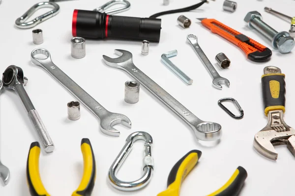 Werkzeugset Zur Reparatur Einem Koffer Auf Weißem Hintergrund Verschiedene Arbeits — Stockfoto