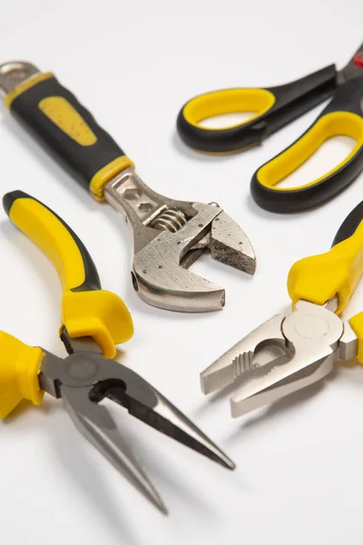 stock image Set of tools for construction or the house. Wrench, pliers, hammer, screwdriver, flashlight, bold, scissors, knife and others.