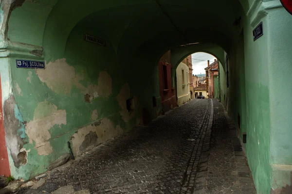 stock image Medieval street with historical buildings in the heart of Romania. Sibiu the eastern European citadel city. Travel in Europe