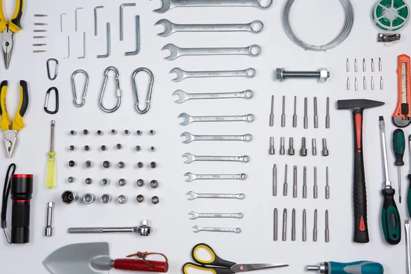 stock image Set of tools for repair in a case on a white background. Assorted work or construction tools. Wrenches, Pliers, screwdriver. Top view