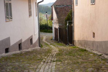 Romanya 'nın göbeğindeki Sighisoara adlı güzel bir ortaçağ kalesi, Doğu Avrupa' daki Transilvanya seyahat beldesi.