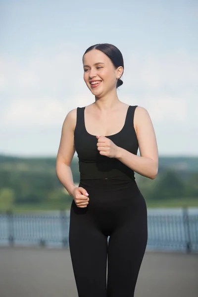 Portrait Smiling Young Woman Black Sportswear Exercising Outdoors Fitness Healthy — Stock Photo, Image