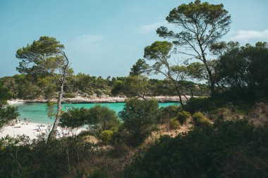 Güzel gün batımı plaj manzarası, egzotik tropik ada doğası, mavi deniz suyu, okyanus dalgaları, renkli kırmızı gökyüzü, Mallorca, İspanya 'da yaz tatili