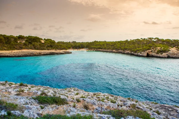 Schöne Strandlandschaft Bei Sonnenuntergang Exotische Tropische Inselnatur Blaues Meerwasser Meereswellen — Stockfoto