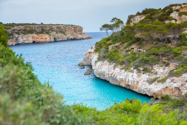 Calo des Moro, Mayorka, İspanya. Güzel sahil manzarası, egzotik tropik ada doğası, mavi deniz suyu, okyanus dalgaları, yaz tatili.