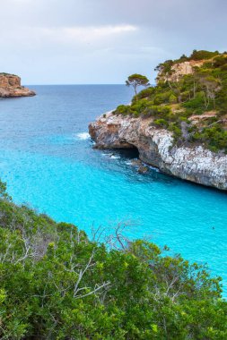 Calo des Moro, Mayorka, İspanya. Güzel sahil manzarası, egzotik tropik ada doğası, mavi deniz suyu, okyanus dalgaları, yaz tatili.
