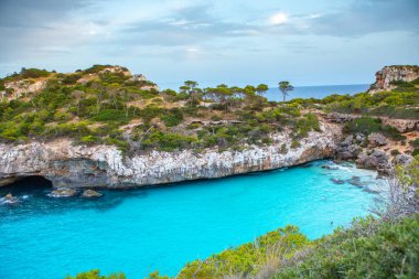 Calo des Moro, Mayorka, İspanya. Güzel sahil manzarası, egzotik tropik ada doğası, mavi deniz suyu, okyanus dalgaları, yaz tatili.