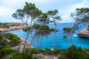 Calo des Moro, Mayorka, İspanya. Güzel sahil manzarası, egzotik tropik ada doğası, mavi deniz suyu, okyanus dalgaları, yaz tatili.