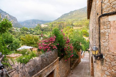 İspanya 'nın Mayorka ya da Mallorca adalarındaki Valdemossa kentinin ortaçağ İspanyol tarzı bir caddesinin manzarası.