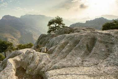 Tatil yürüyüşü Mallorca, İspanya. Akdeniz 'in Mayorka adasındaki Serra de Tramuntana dağlarının manzarasıyla güzel bir resim. Motorcular için cennet. Macera seyahati.