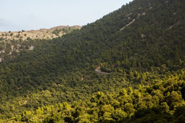 Tatil yürüyüşü Mallorca, İspanya. Akdeniz 'in Mayorka adasındaki Serra de Tramuntana dağlarının manzarasıyla güzel bir resim. Motorcular için cennet. Macera seyahati.