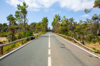 Tatil yürüyüşü Mallorca, İspanya. Akdeniz 'in Mayorka adasındaki Serra de Tramuntana dağlarının manzarasıyla güzel bir resim. Motorcular için cennet. Macera seyahati.