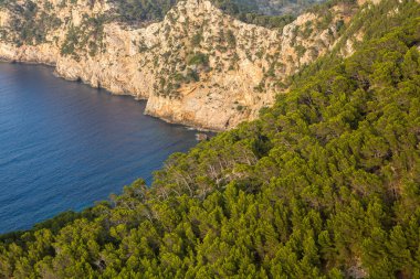Tatil yürüyüşü Mallorca, İspanya. Akdeniz 'in Mayorka adasındaki Serra de Tramuntana dağlarının manzarasıyla güzel bir resim. Motorcular için cennet. Macera seyahati.