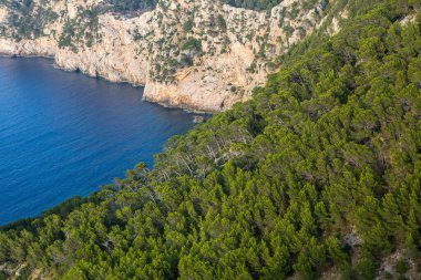 Tatil yürüyüşü Mallorca, İspanya. Akdeniz 'in Mayorka adasındaki Serra de Tramuntana dağlarının manzarasıyla güzel bir resim. Motorcular için cennet. Macera seyahati.