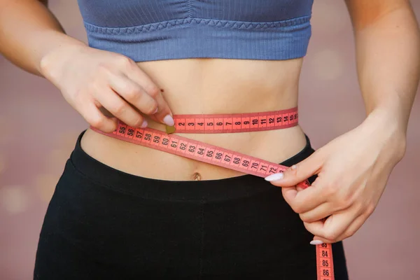 Measuring Waist, Lose Weight. Woman Whith Red Nails Stock Image - Image of  health, shape: 95956003