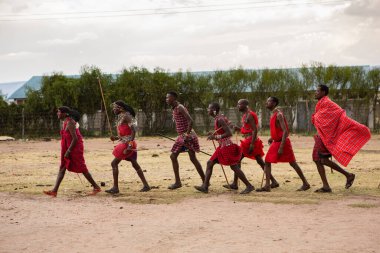 Masai geleneksel renkli giysiler içinde Masai 'nin ünlü Safari seyahat merkezinin yakınındaki yerel bir kabile köyünde dans ettiğini gösteriyor. Kenya. Yazı